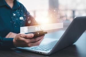 SEO Search Engine Optimization Marketing Ranking Traffic Website Internet Business Technology Concept.optimizing your website to rank in search engines. photo