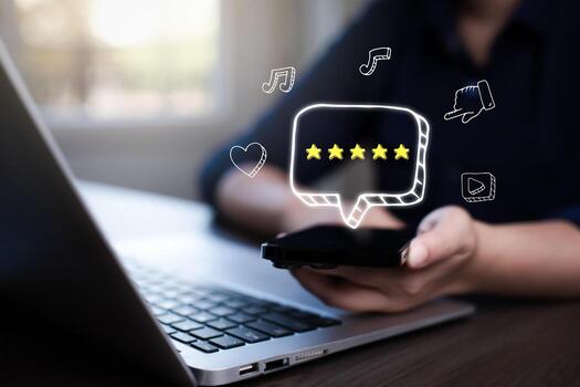 el concepto de encuesta de retroalimentación de satisfacción de revisión del cliente, el usuario califica la experiencia del servicio en la aplicación en línea, el servicio conduce a la clasificación de reputación de los negocios. foto