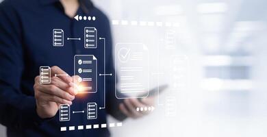 checklist and clipboard task documentation management, business people working laptop checklist questionnaire assessment form, online survey online exam Choosing the right answer in the exam photo