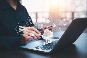 SaaS software as a service concept, Cloud Computing software service, data storage on the Cloud, centralized software management service provider. photo