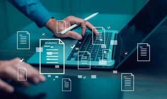 Analytics and Data Management Systems. Business Analytics and Data Management Systems to make reports with KPI and metrics connected to the database for technology finance photo