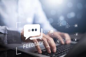 Customer review satisfaction feedback survey concept, User give rating to service experience on online application, service leading to reputation ranking of business. photo