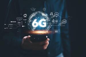 Global network connection 5G on hand business man.Global network connection 5G with icon concept, technology network wireless systems and internet of things, new technologies coming up in the future. photo