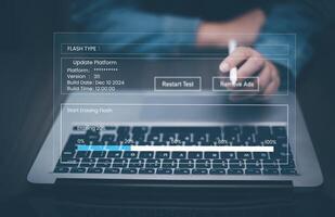 Man using laptop with Update Software Computer Program Upgrade Business Technology Internet, Update on virtual screen. Internet and technology concept, loading bar with installing the update, photo