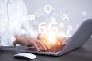 Global network connection 6G on hand business man.Global network connection 6G with icon concept, technology network wireless systems and internet of things, new technologies coming up in the future. photo