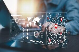 Man using Smartphone with virtual world and model map with location point, GPS app, icon Travel maps and find places in the online system, all screen graphics are generated, Searching for travel. photo
