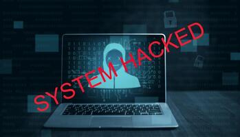 programmer using laptop with triangle caution warning sign for notification error system , hacker attacks and hacking data, cyber crime, cyber security photo