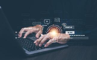 Programmer people working laptops or smartphones with AI, artificial intelligence software engineer coding on laptop computers with technology icons and binary code, big data, Ai bot digital machine photo