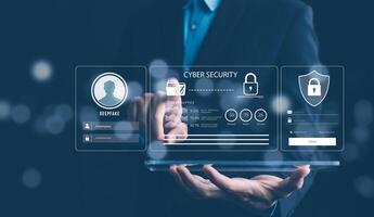 Cyber security and Security password login online concept Hands typing and touch ID username and password of social media, log in with computer to online Important information, data protection hacker photo