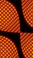 Bright black background. Design.Yellow and orange are large particles that are highlighted by a grid in the animation that are moving forward. video
