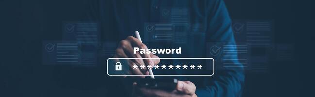 Cyber security and Security password login online concept Hands typing and touch ID username and password of social media, log in with computer to online Important information, data protection hacker photo
