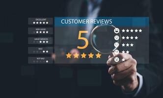 Man touch smartphone with Customer review satisfaction feedback survey concept, User give rating to service experience on online application, service leading to reputation ranking of business. photo
