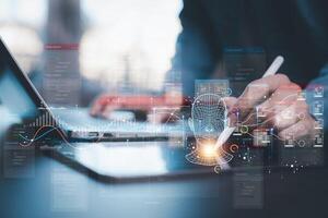 Man touch bar Chat bot Chat with AI, Artificial Intelligence,System Artificial intelligence an artificial intelligence chatbot, Digital chatbot, Robot application, conversation, command photo