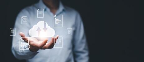 Business people using laptop with cloud computing system , Storage and data transfer Cloud network, Cloud technology. Networking and internet service, sharing download and upload and internet service photo