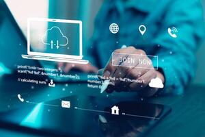 Business people using laptop with cloud computing system , Storage and data transfer Cloud network, Cloud technology. Networking and internet service, sharing download and upload and internet service photo