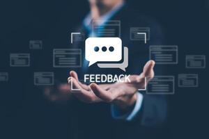 Customer review satisfaction feedback survey concept, User give rating to service experience on online application, service leading to reputation ranking of business. photo
