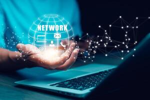Technology network concept. Global business structure of networking. Analysis and data exchange customer connection.Service support customer help call center .Communication technology photo