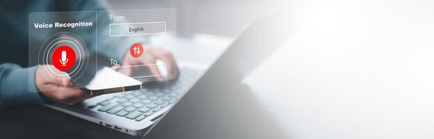 Businessman hold laptop and touch microphone button on virtual screen. Blog blog speak talk advertising presentation,Voice recognition, speech detection and deep learning application,Voice Assistance photo