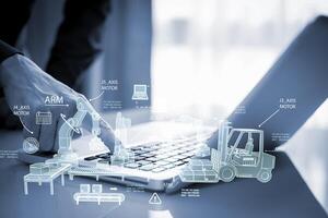 Industrial Engineer and AI, Artificial Intelligence concept, Manager Technical Industrial Engineer people and control robotics with monitoring system software and icon industry, Car EV technology photo