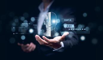 Man touch bar Chat bot Chat with AI, Artificial Intelligence,System Artificial intelligence an artificial intelligence chatbot, Digital chatbot, Robot application, conversation, command photo