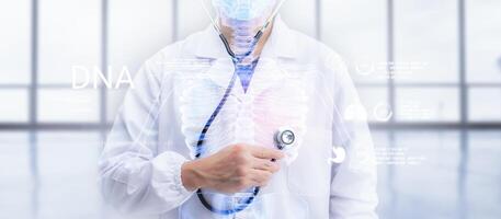 deoxyribonucleic acid and brain concept ,biochemical research ,human DNA detection graph Checking for abnormalities in the body, science and experiment concept photo