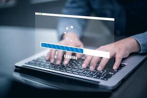 The man is using a computer under the concept of technology, downloading, uploading, and database management.digital communication technology for online ,Cloud Computing Concept photo