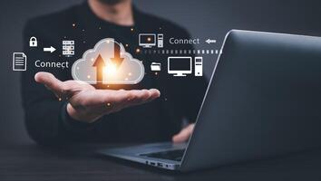 Cloud technology concept Global network of metaverse systems concept, Man hand touch data with internet cloud technology and File Transfer backup copy,Global business Internet for Telecommunication photo