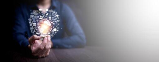 thinking and creative concept, Close up the light bulb and woman working on the desk, Creativity, and innovation are keys to success, new idea and innovation with Brain and light bulbs,big data photo