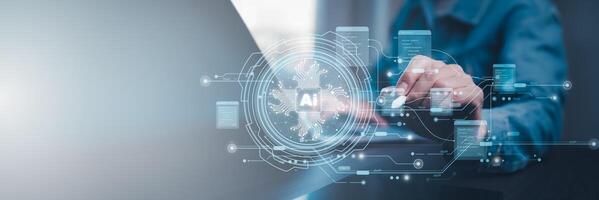 AI tech, Business person chatting with a smart AI using an artificial intelligence chatbot developed by OpenAI, Artificial Intelligence, Futuristic technology transformation, Searching for Education photo