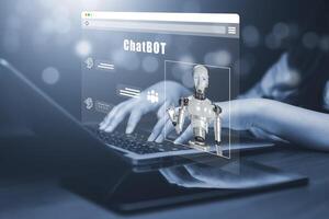 Man using Laptop and touch bar Chat bot Chat with AI, Artificial Intelligence,System Artificial intelligence an artificial intelligence chatbot, Digital chatbot, Robot application, conversation photo