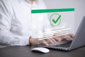 Online payment with digital marketing, Smartphone with banking online bill payment Approved concept button, credit card and network connection icon on business technology virtual screen background photo