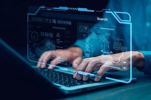 Industrial Engineer and AI, Artificial Intelligence concept, Manager Technical Industrial Engineer people and control robotics with monitoring system software and icon industry, Car EV technology photo