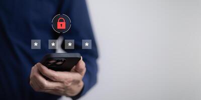 Cyber security and Security password login online concept Hands typing and touch ID username and password of social media, log in with computer to online Important information, data protection hacker photo