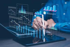 Working Data Analytics and Data Management Systems and Metrics connected to corporate strategy database for Finance, Intelligence, Business Analytics with Key Performance Indicators, social network photo