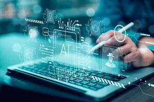 Programmer people working laptops or smartphones with AI, artificial intelligence software engineer coding on laptop computers with technology icons and binary code, big data, Ai bot digital machine photo