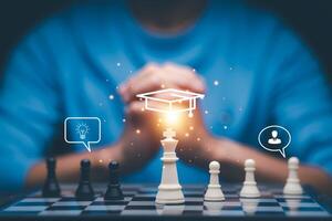 Chess board for business strategy and leadership assignment concept of team player or business team and leadership strategy or strategic planning and human resources organization risk management. photo