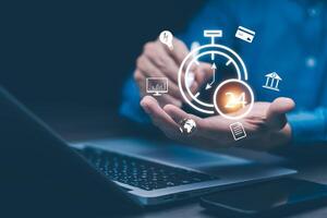 Communication and Contact us or Customer support hotline people connect. Hand using a laptop and touching on virtual screen contact icons, email and address, live chat with internet wifi. photo