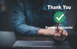 Online payment with digital marketing, Smartphone with banking online bill payment Approved concept button, credit card and network connection icon on business technology virtual screen background photo