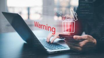 Email concept with spam and virus computer monitor internet security concept, businessman reading electronic mail with a laptop. Spam, junk and e-marketing on screen, Spam Email Pop-up Warning. photo