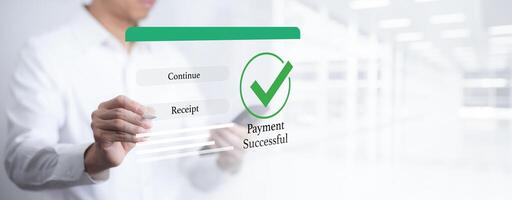 Online payment with digital marketing, Smartphone with banking online bill payment Approved concept button, credit card and network connection icon on business technology virtual screen background photo