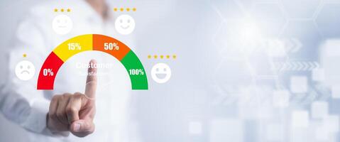 Man touch icon customer review satisfaction feedback survey concept, User give rating to service experience on online application, service leading to reputation ranking of business. photo