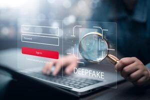 Deepfake concept ,Facial tracking, detection and recognition technology, Security system.cyber security, Login, User, identification information security secure access to users personal information photo