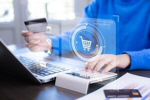 online shopping concept, marketplace website with virtual interface of online Shopping cart part of the network, Online shopping business with selecting shopping cart. photo