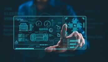 Industrial Engineer and AI, Artificial Intelligence concept, Manager Technical Industrial Engineer people and control robotics with monitoring system software and icon industry, Car EV technology photo