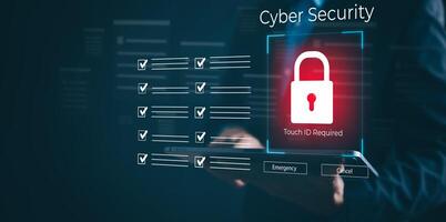 Cyber security and Security password login online concept Hands typing and touch ID username and password of social media, log in with computer to online Important information, data protection hacker photo