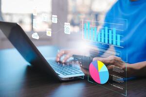 Working Data Analytics and Data Management Systems and Metrics connected to corporate strategy database for Finance, Intelligence, Business Analytics with Key Performance Indicators, social network photo