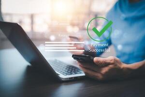 Online payment with digital marketing, Smartphone with banking online bill payment Approved concept button, credit card and network connection icon on business technology virtual screen background photo