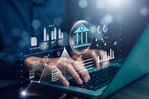 finance and banking digital, businessmen using laptops with online banking and payments, Finance and banking networks. AI, Customer networking connection, Digital marketing. cyber security. photo