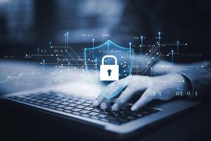Cyber security and Security password login online concept Hands typing and touch ID username and password of social media, log in with computer to online Important information, data protection hacker photo