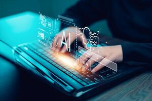 Programmer people working laptops or smartphones with AI, artificial intelligence software engineer coding on laptop computers with technology icons and binary code, big data, Ai bot digital machine photo